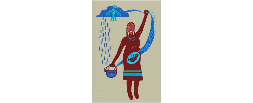 A pregnant woman with a cloud above her head and water running through her hand and womb into a pail.